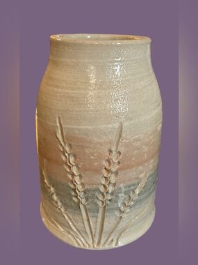Handmade Wheat Relief Stoneware Vase in Cream and Soft Pink